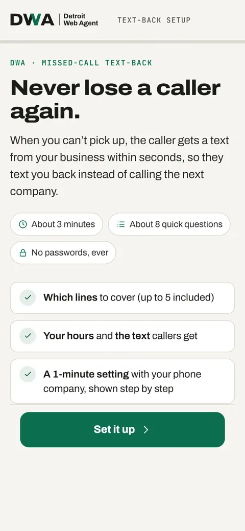 The first screen of the missed-call text-back setup: Never lose a caller again.